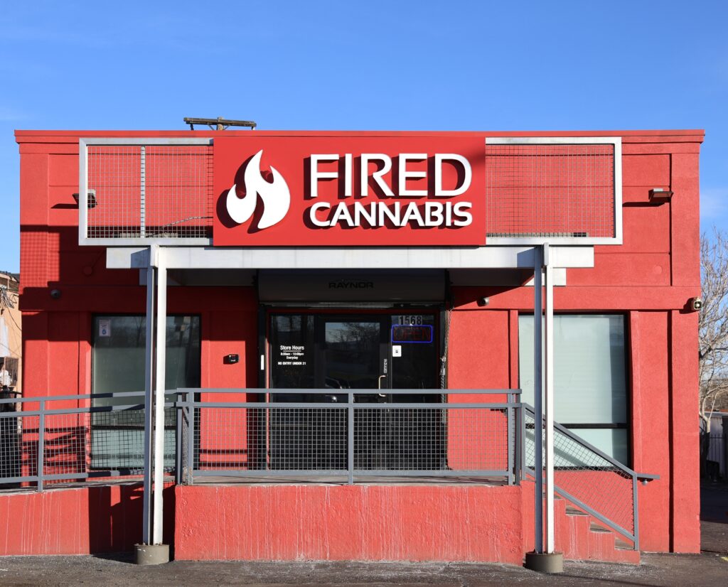 Image of Fired Cannabis Dispensary store exterior located in Denver, Colorado.